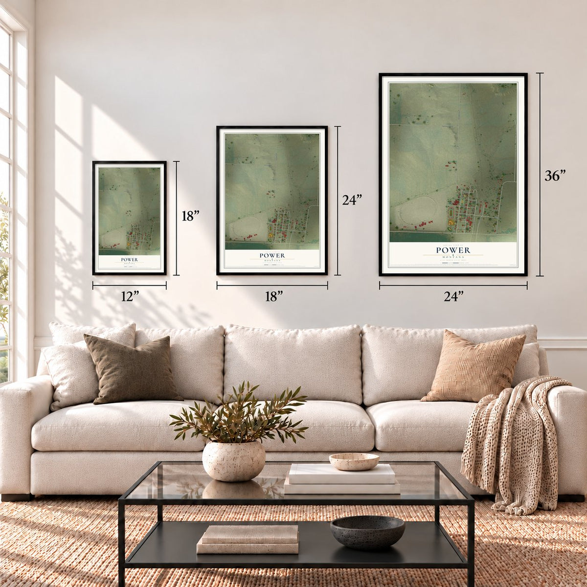 Power, Montana map in 12 x 18, 18 x 24 and 24 x 36 inch sizes above a sofa