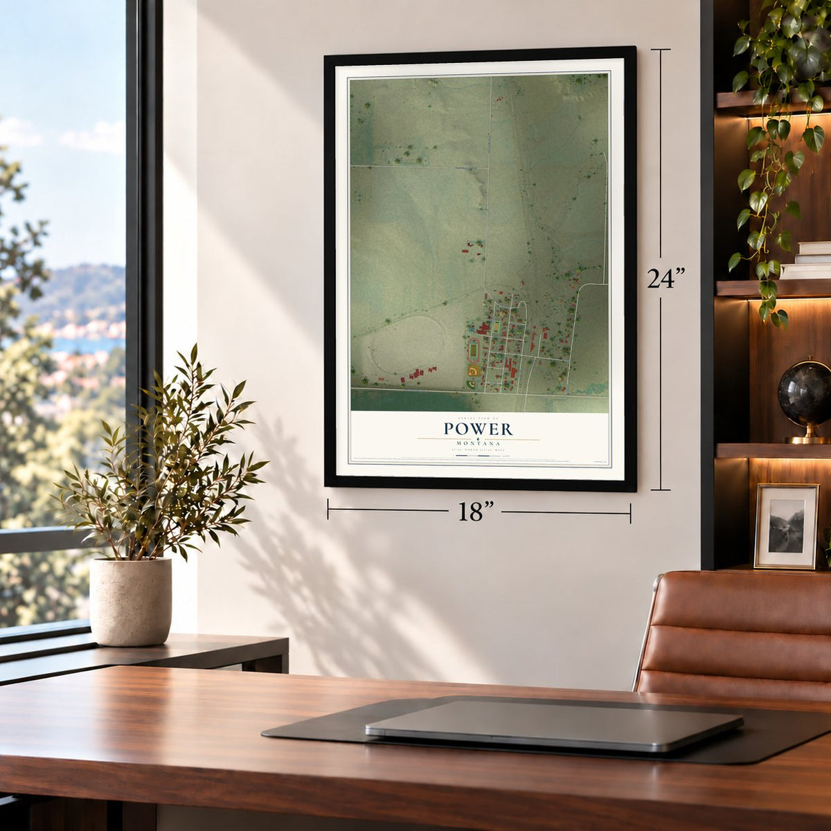 Power, Montana map, 18 x 24 inch print in a black frame in a home office