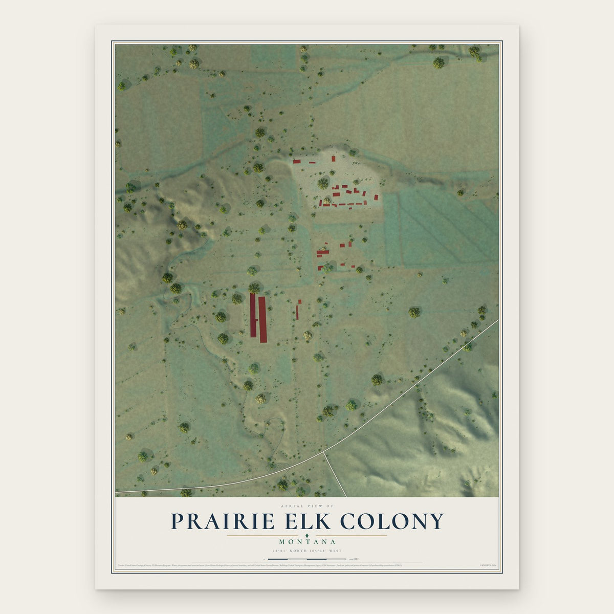 Prairie Elk Colony, Montana map print, the full design