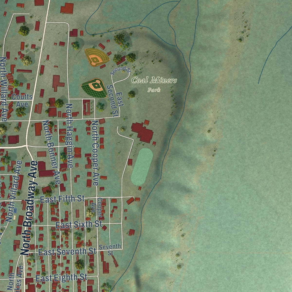 Second close-up of the map of Red Lodge, Montana print showing more streets and buildings