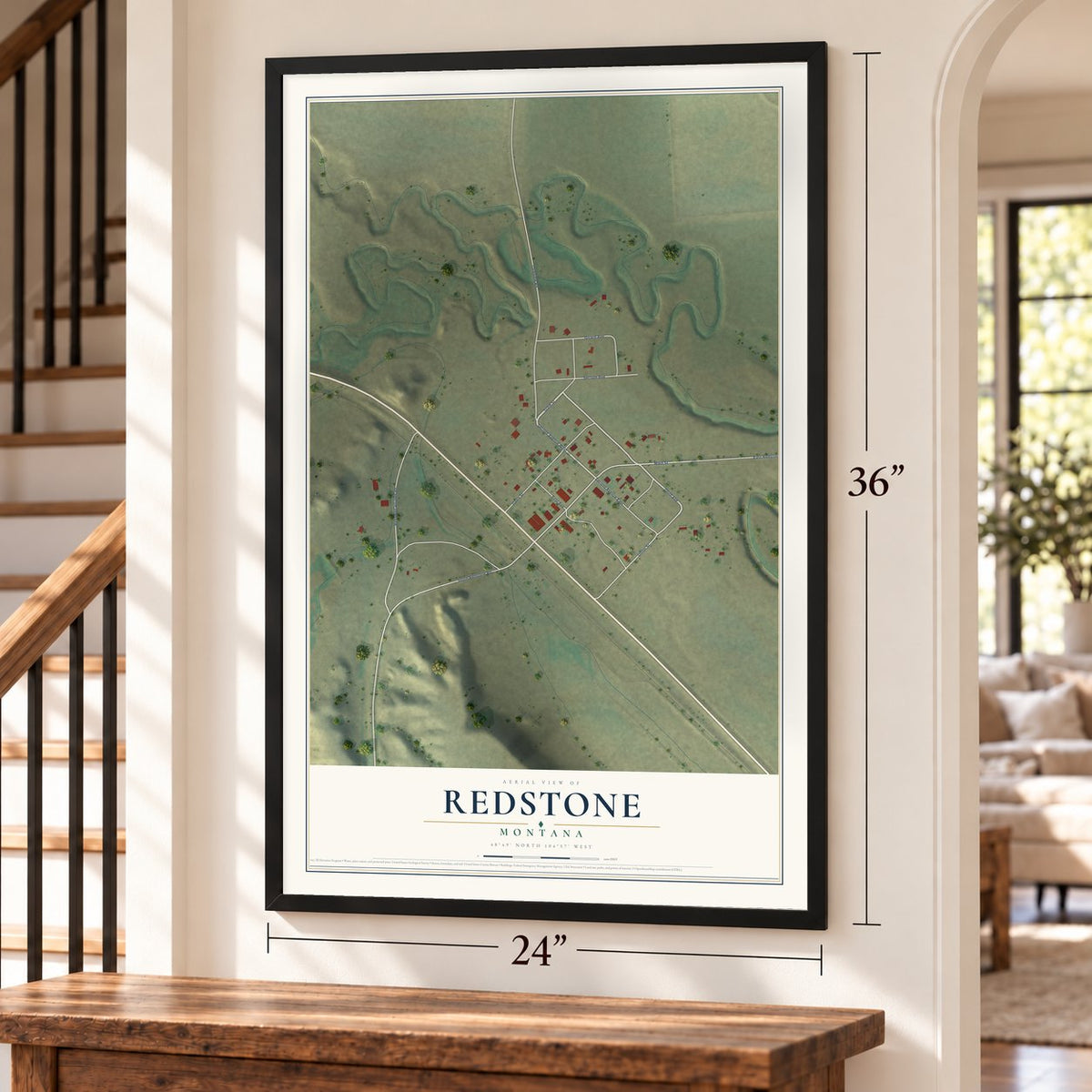 Redstone, Montana map, 24 x 36 inch print in a black frame by a staircase