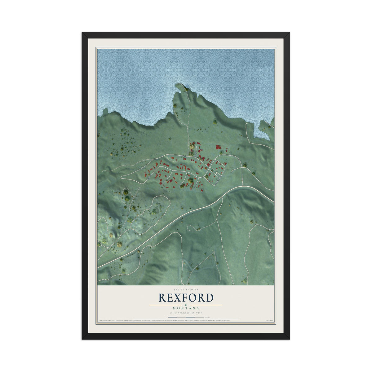 Map of Rexford, Montana, 12 x 18 inch print in a black wood frame