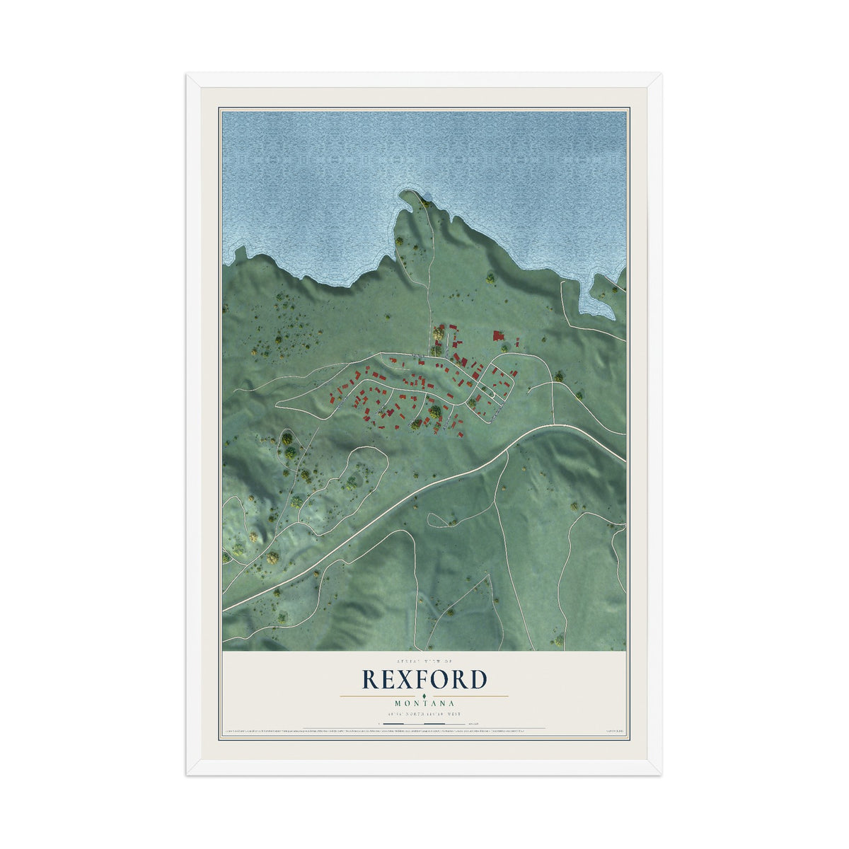 Map of Rexford, Montana, 12 x 18 inch print in a white wood frame