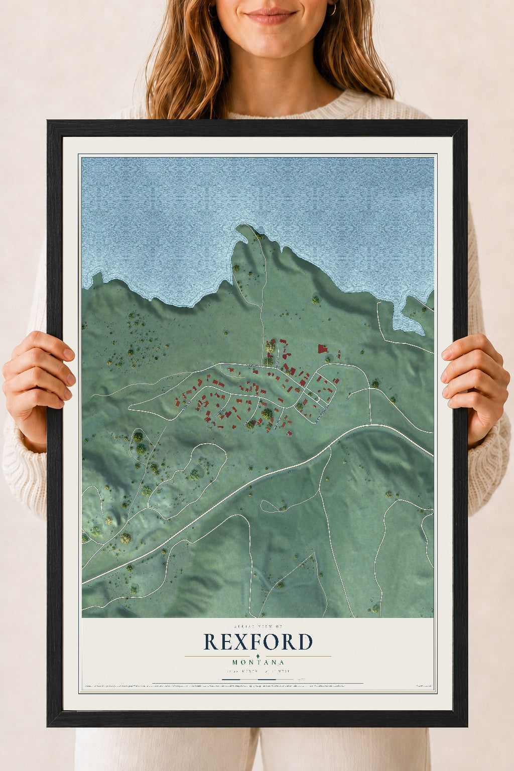 Map of Rexford, Montana, 18 x 24 inch print in a black wood frame