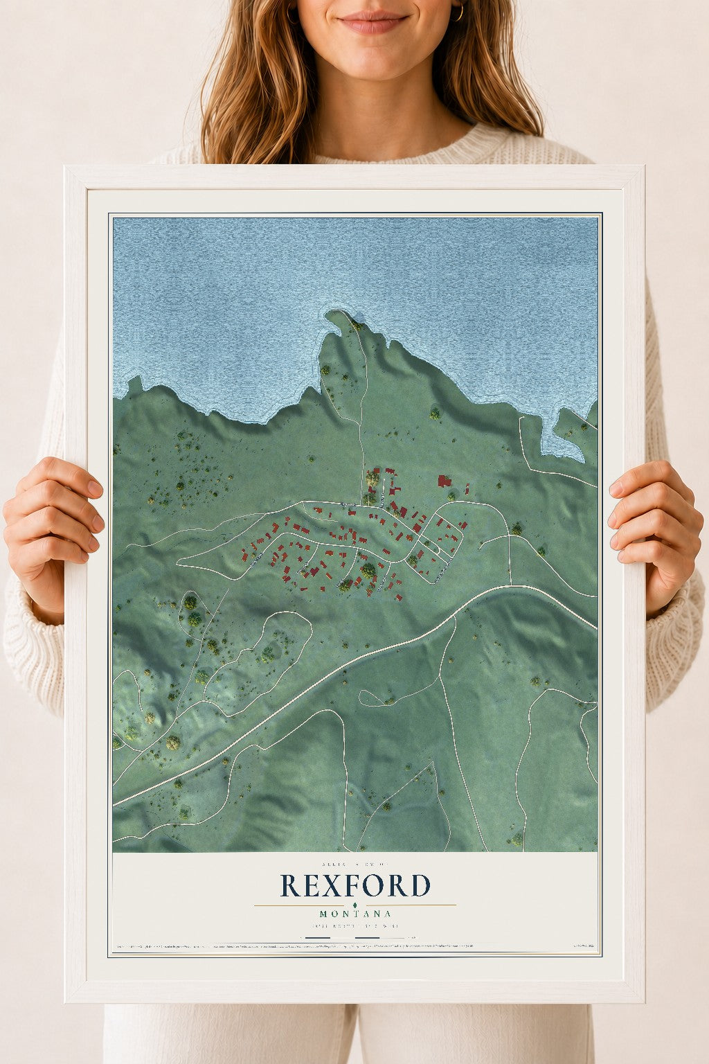 Map of Rexford, Montana, 18 x 24 inch print in a white wood frame