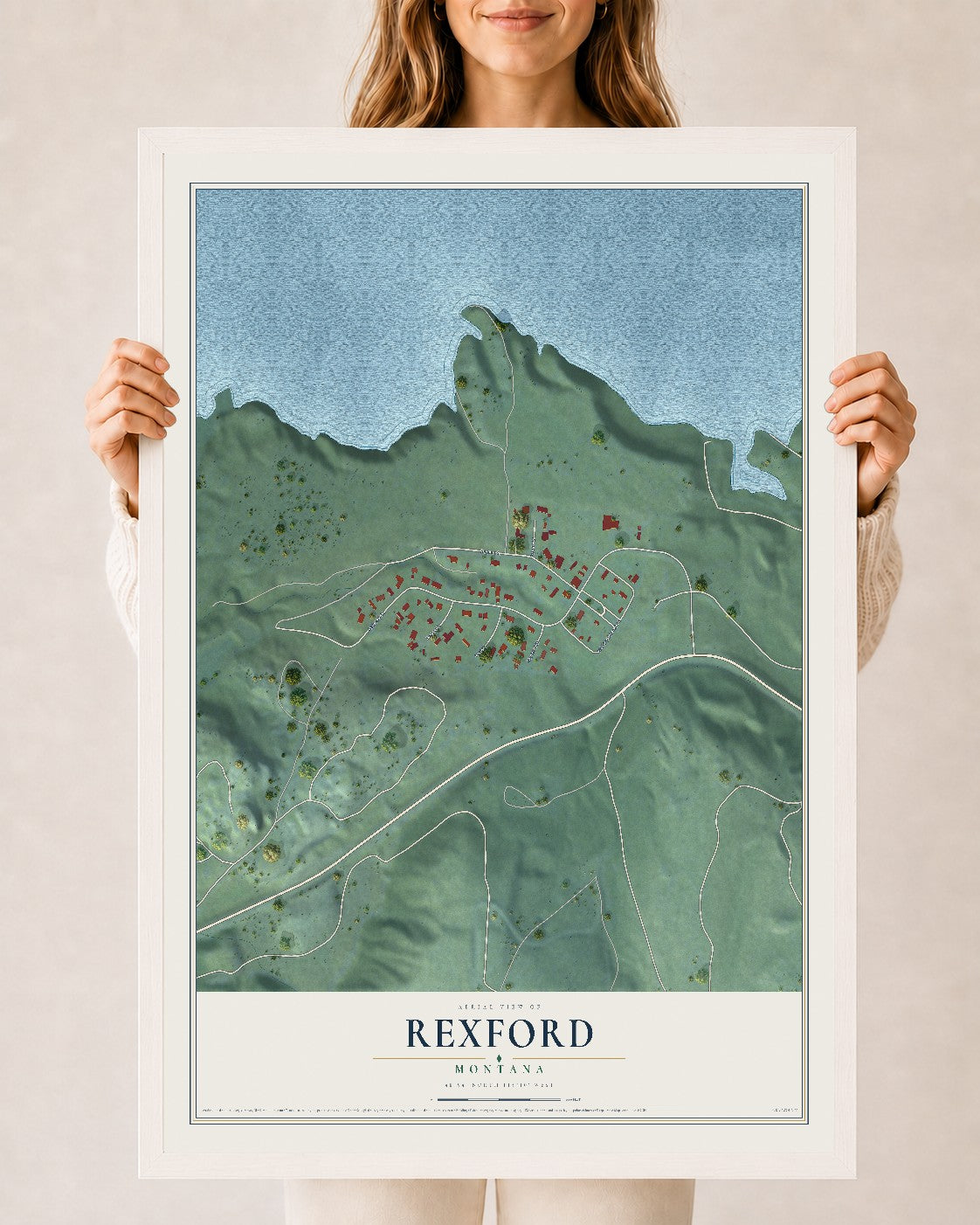 Map of Rexford, Montana, 24 x 36 inch print in a white wood frame