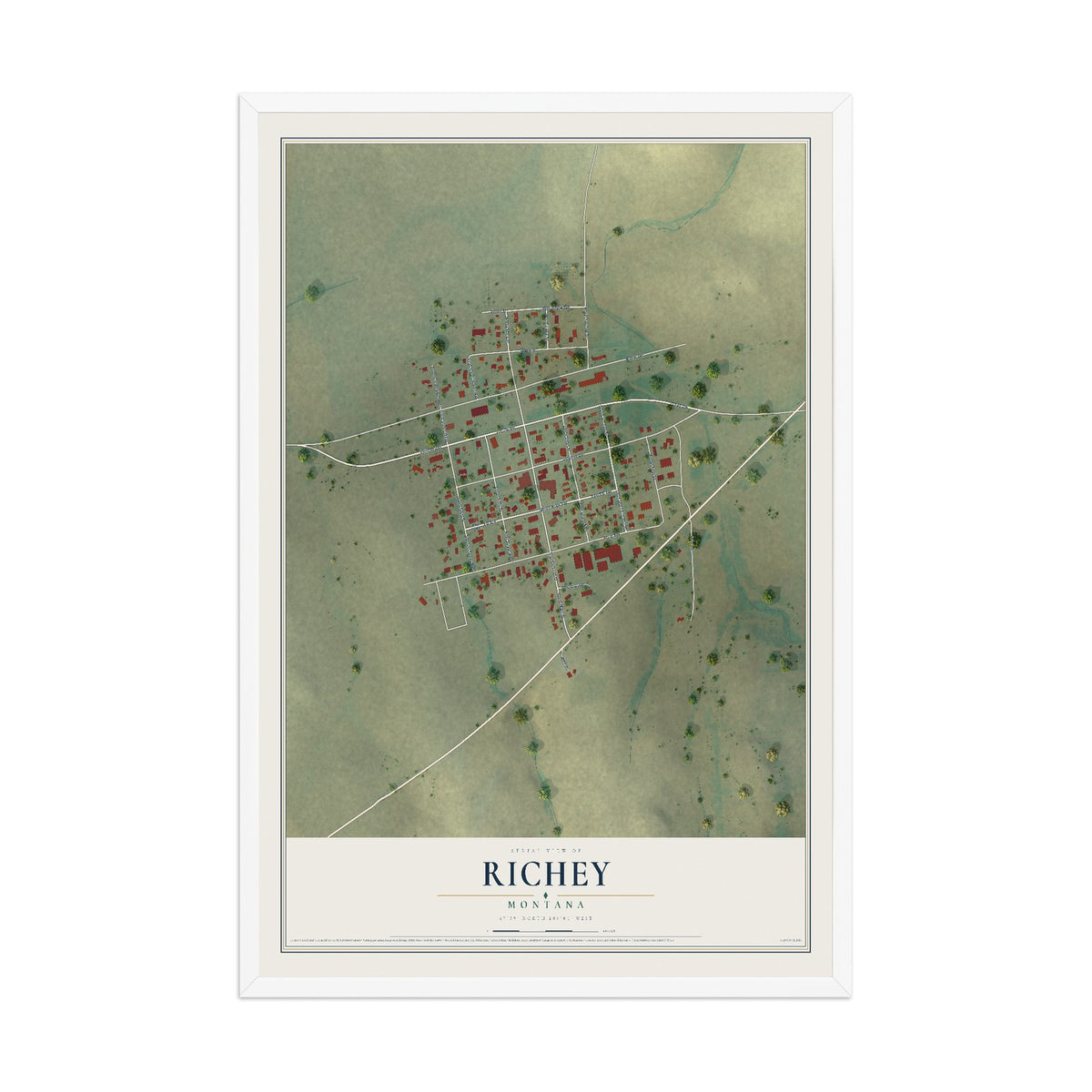 Map of Richey, Montana, 12 x 18 inch print in a white wood frame