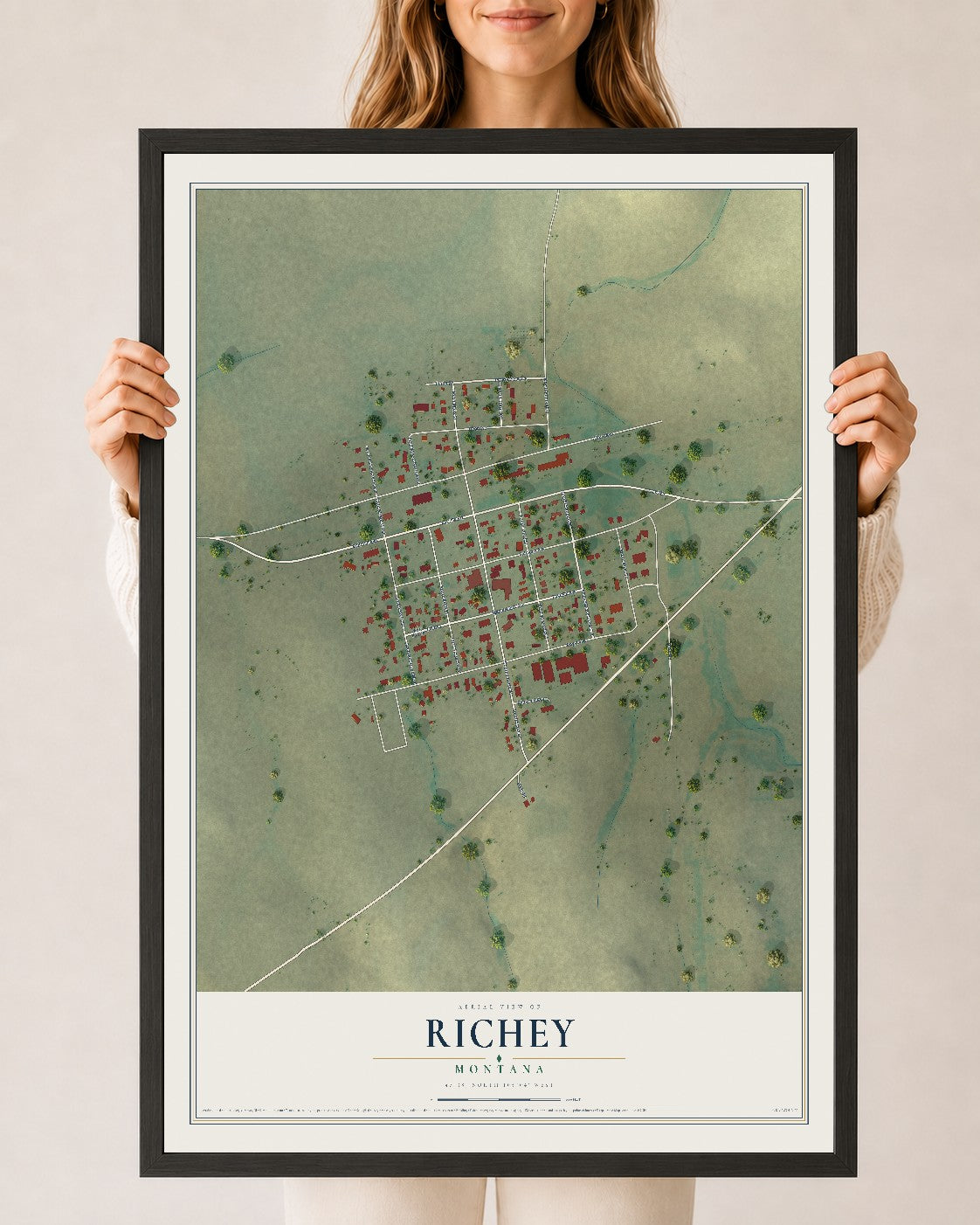 Map of Richey, Montana, 24 x 36 inch print in a black wood frame