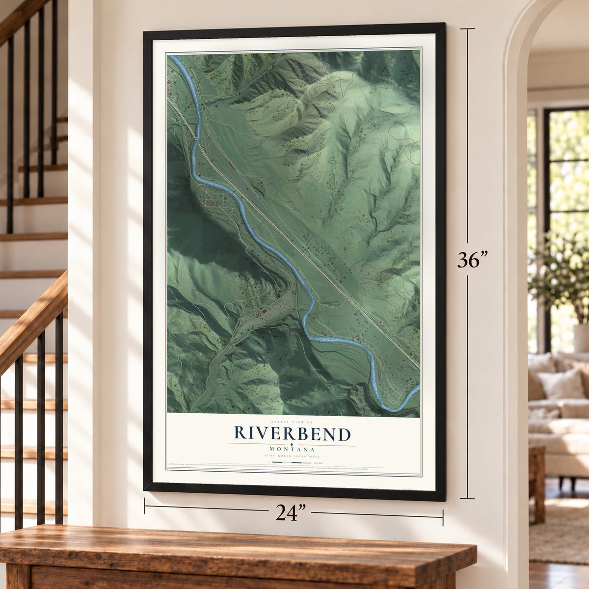 Riverbend, Montana map, 24 x 36 inch print in a black frame by a staircase