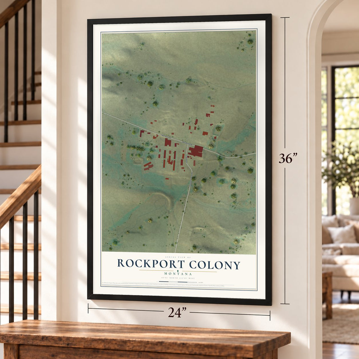 Rockport Colony, Montana map, 24 x 36 inch print in a black frame by a staircase