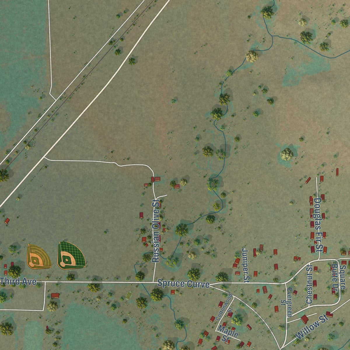 Close-up of the map of Rocky Boy West, Montana print showing street and building detail
