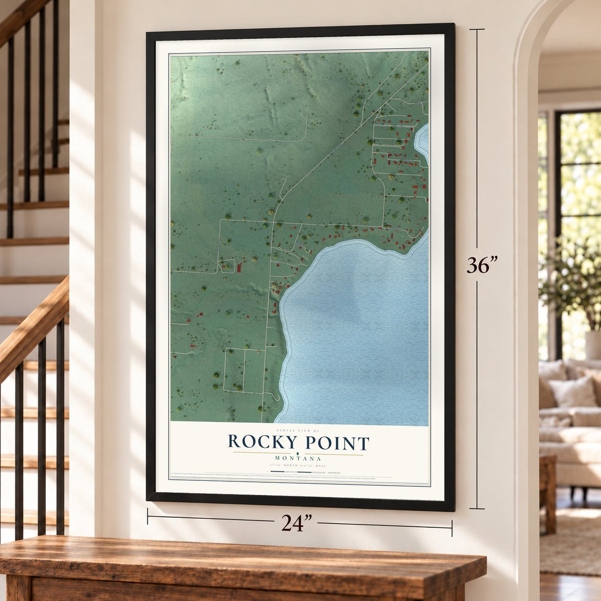 Rocky Point, Montana map, 24 x 36 inch print in a black frame by a staircase