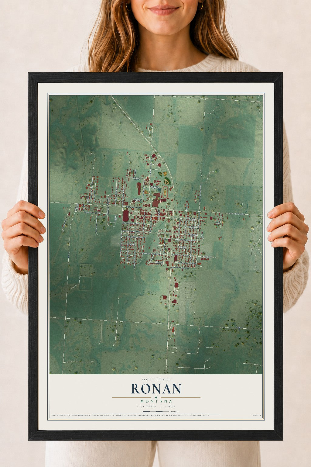 Map of Ronan, Montana, 18 x 24 inch print in a black wood frame