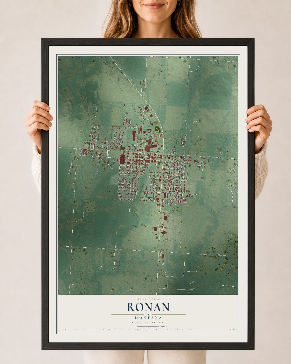 Map of Ronan, Montana, 24 x 36 inch print in a black wood frame