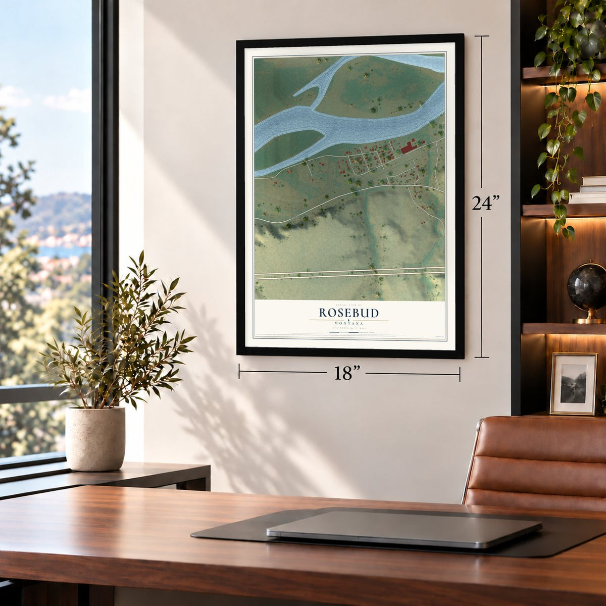 Rosebud, Montana map, 18 x 24 inch print in a black frame in a home office
