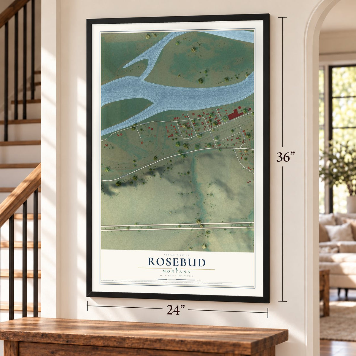 Rosebud, Montana map, 24 x 36 inch print in a black frame by a staircase