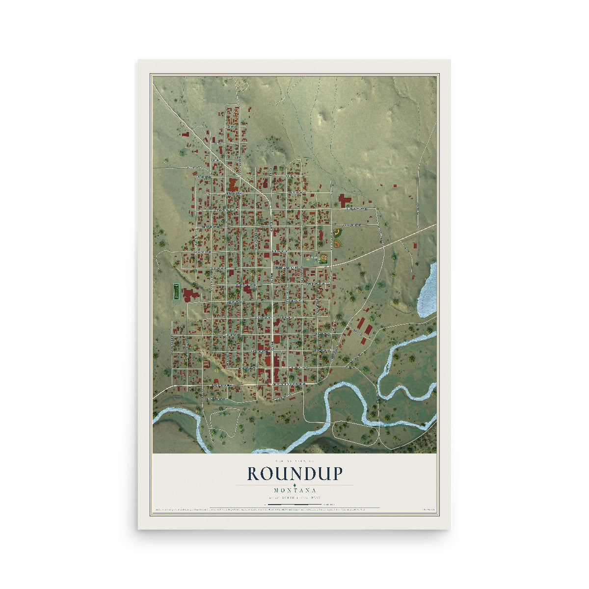 Map of Roundup, Montana, 12 x 18 inch unframed archival matte print