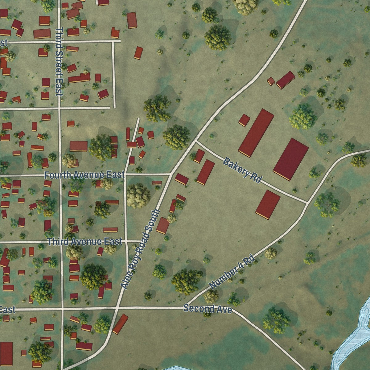 Second close-up of the map of Roundup, Montana print showing more streets and buildings