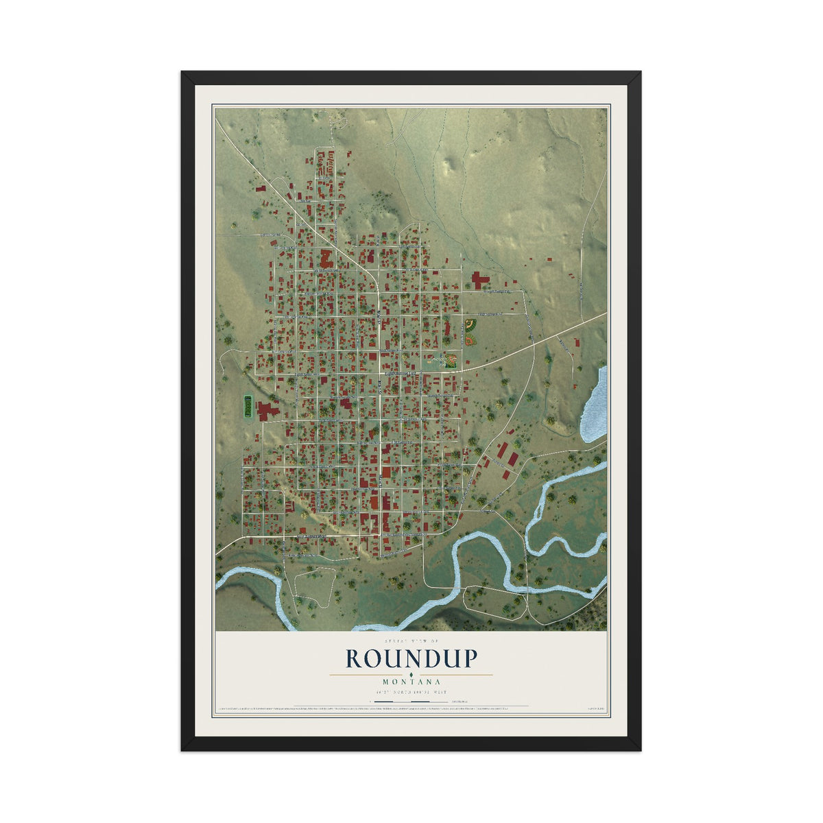 Map of Roundup, Montana, 12 x 18 inch print in a black wood frame