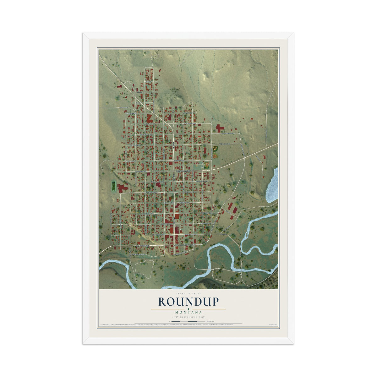Map of Roundup, Montana, 12 x 18 inch print in a white wood frame
