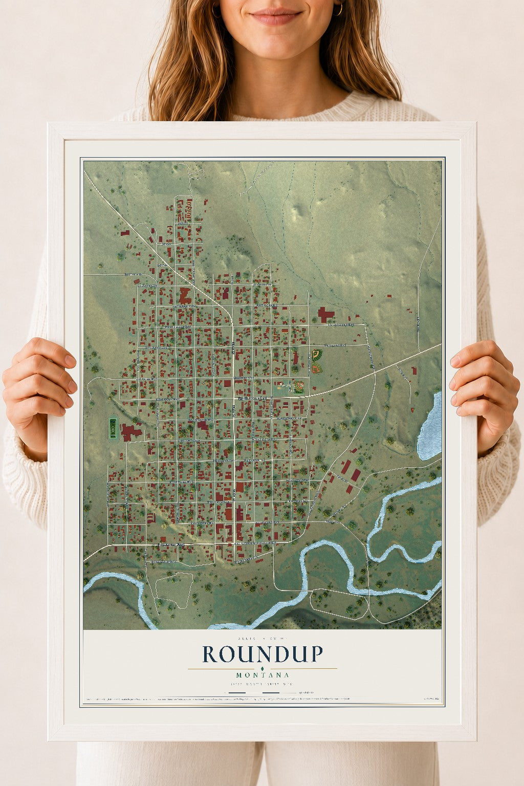 Map of Roundup, Montana, 18 x 24 inch print in a white wood frame