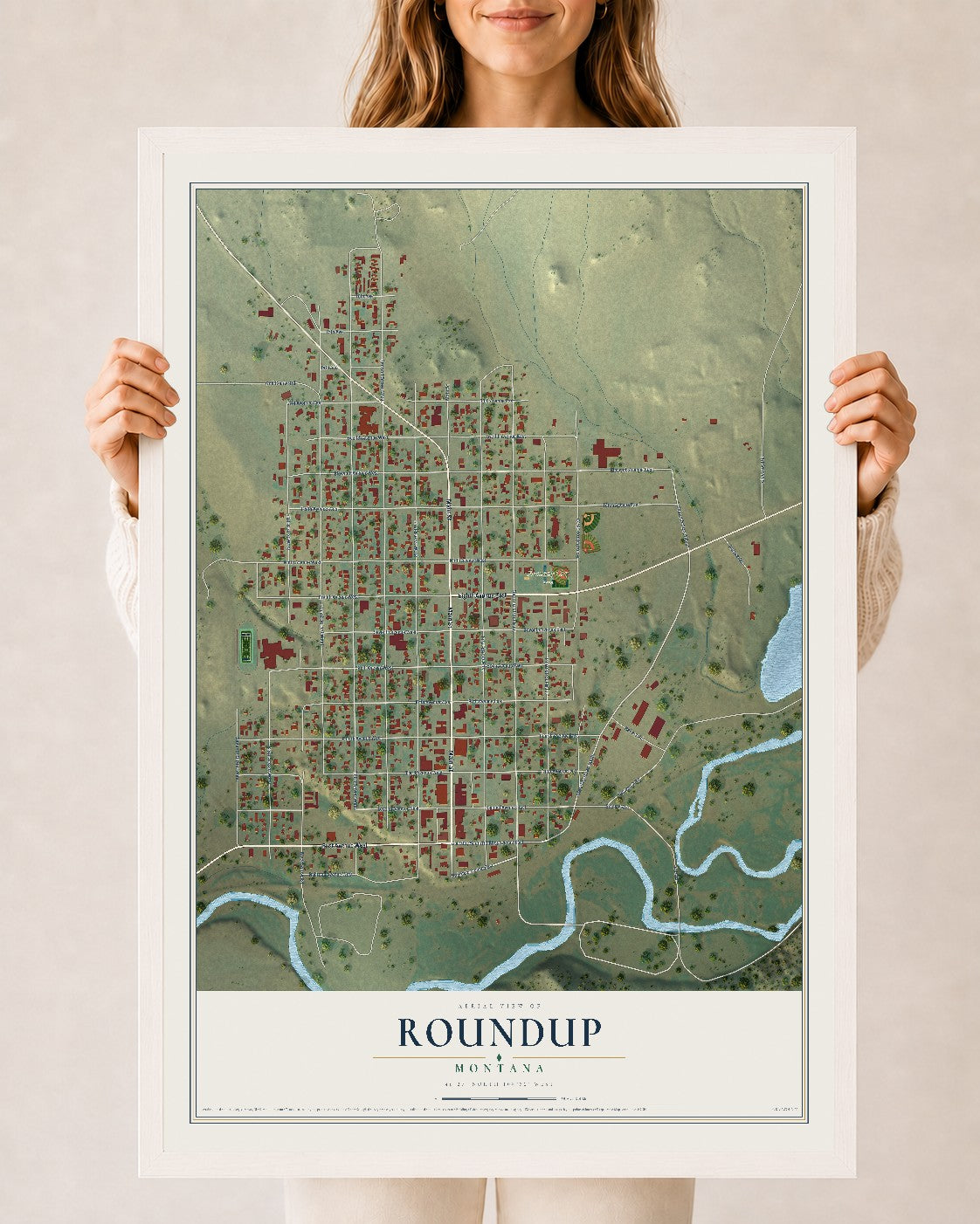 Map of Roundup, Montana, 24 x 36 inch print in a white wood frame