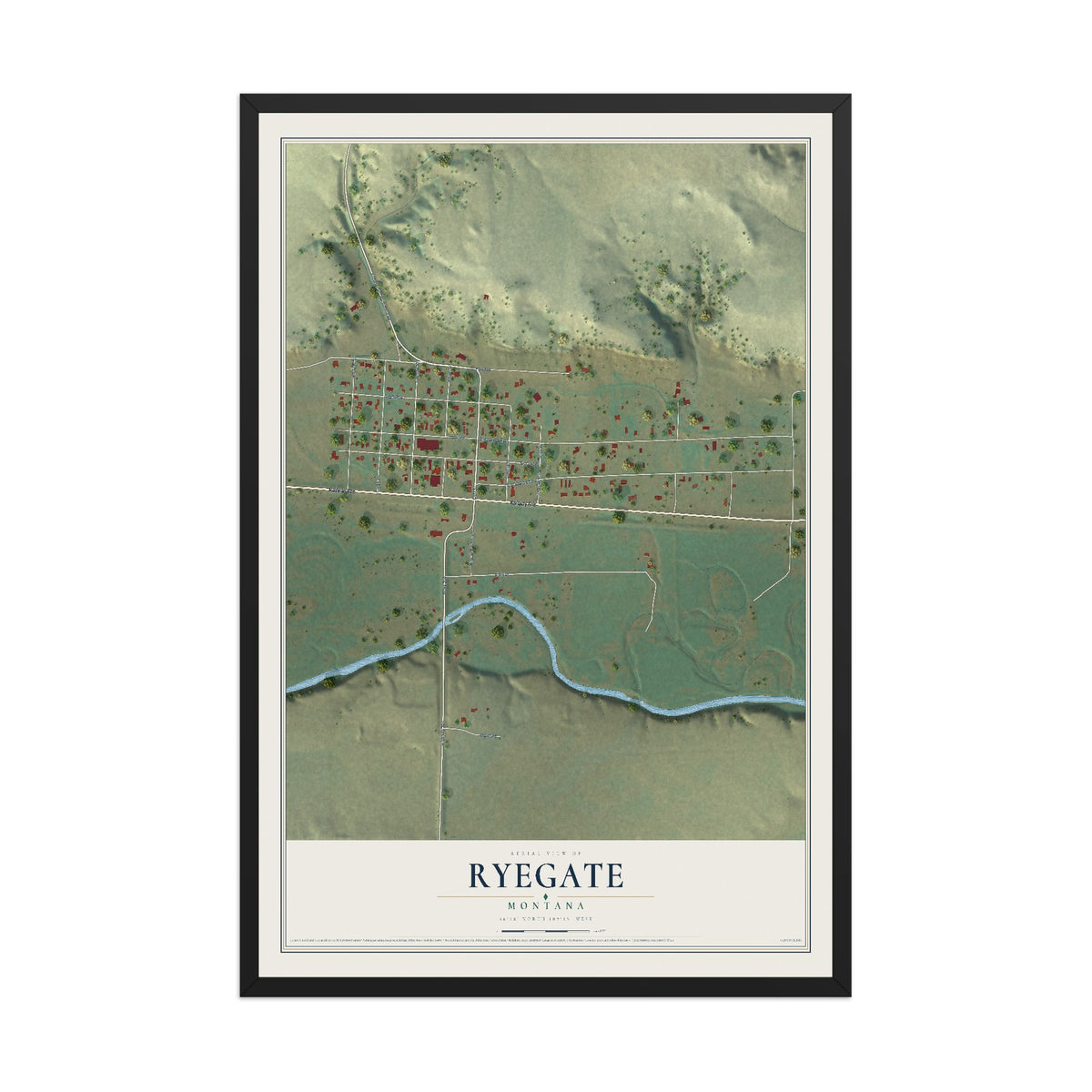 Map of Ryegate, Montana, 12 x 18 inch print in a black wood frame