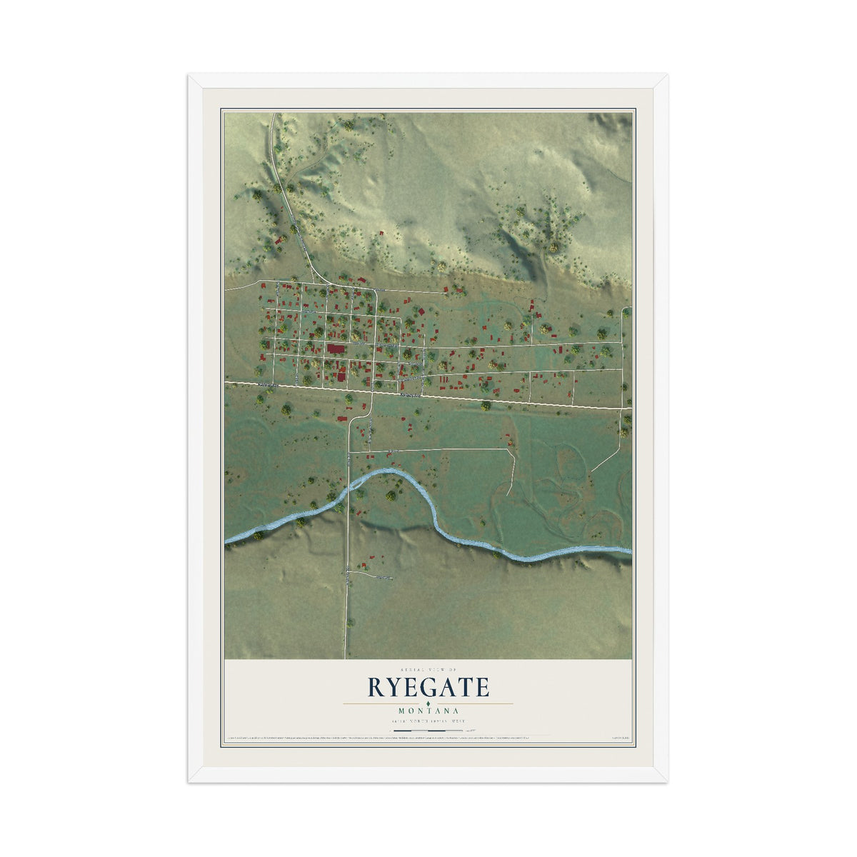 Map of Ryegate, Montana, 12 x 18 inch print in a white wood frame