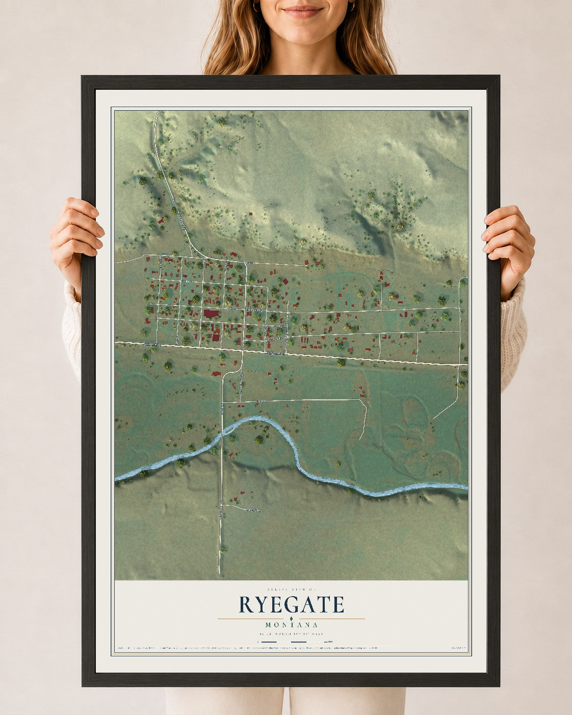 Map of Ryegate, Montana, 24 x 36 inch print in a black wood frame