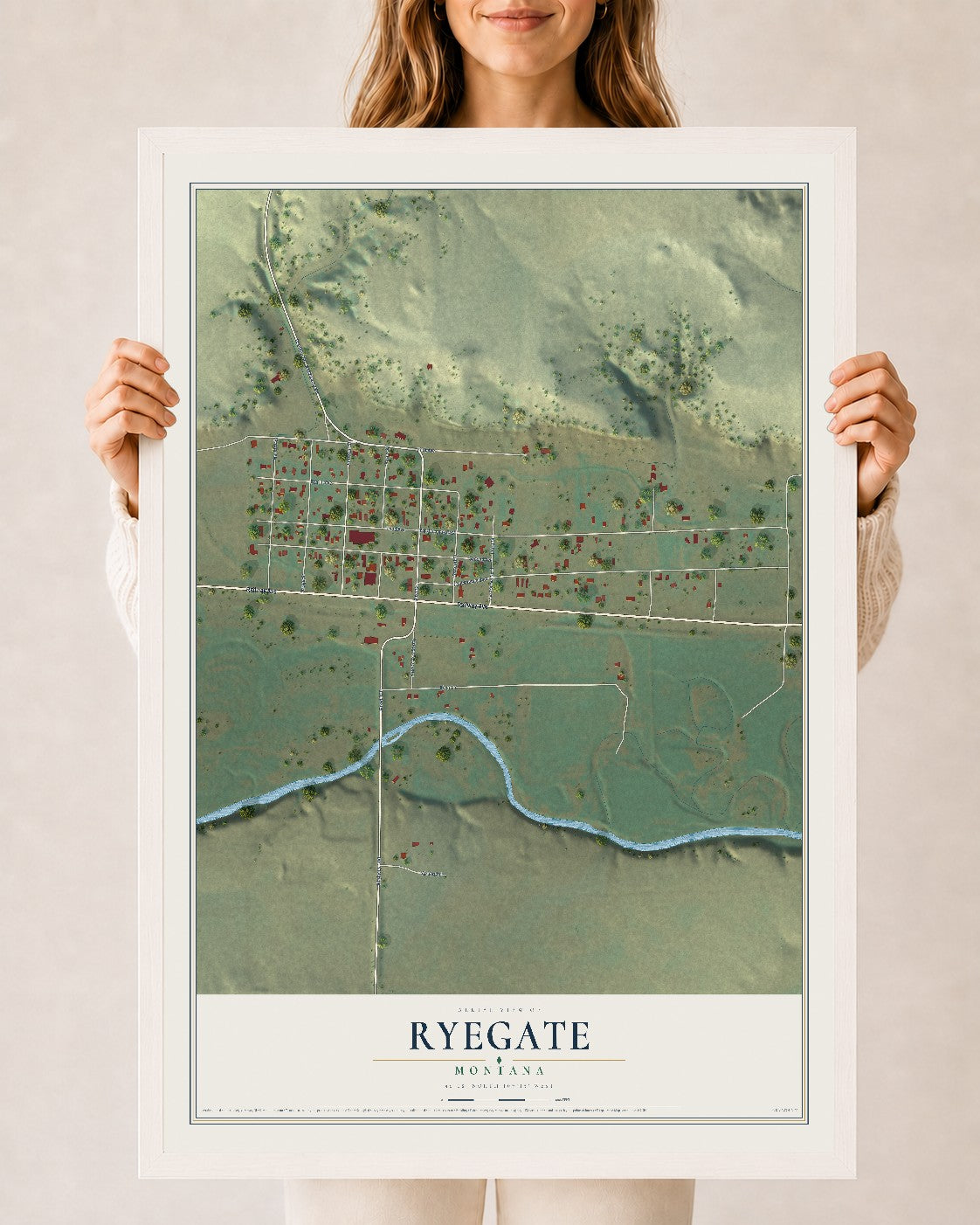 Map of Ryegate, Montana, 24 x 36 inch print in a white wood frame