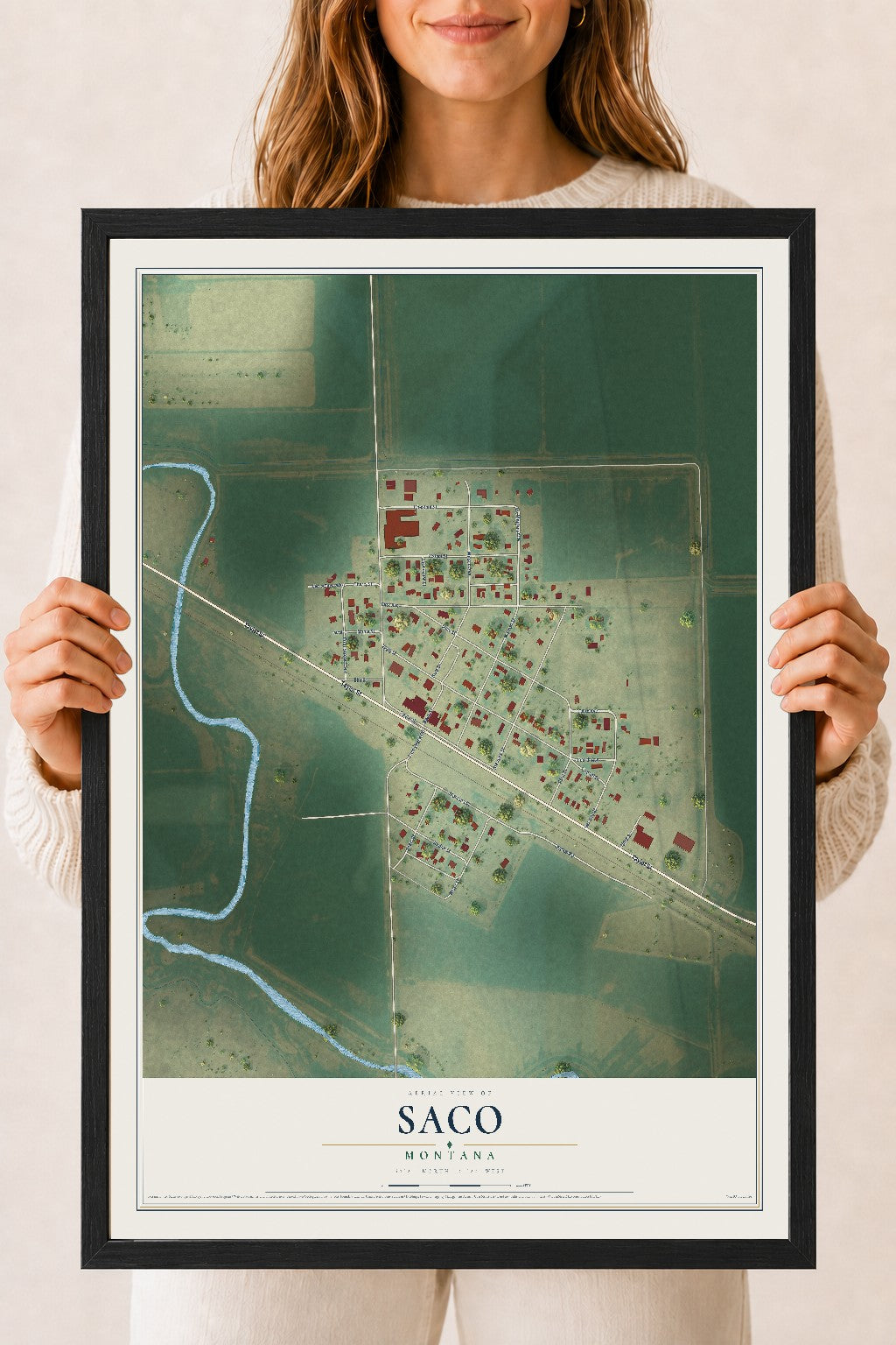 Map of Saco, Montana, 18 x 24 inch print in a black wood frame