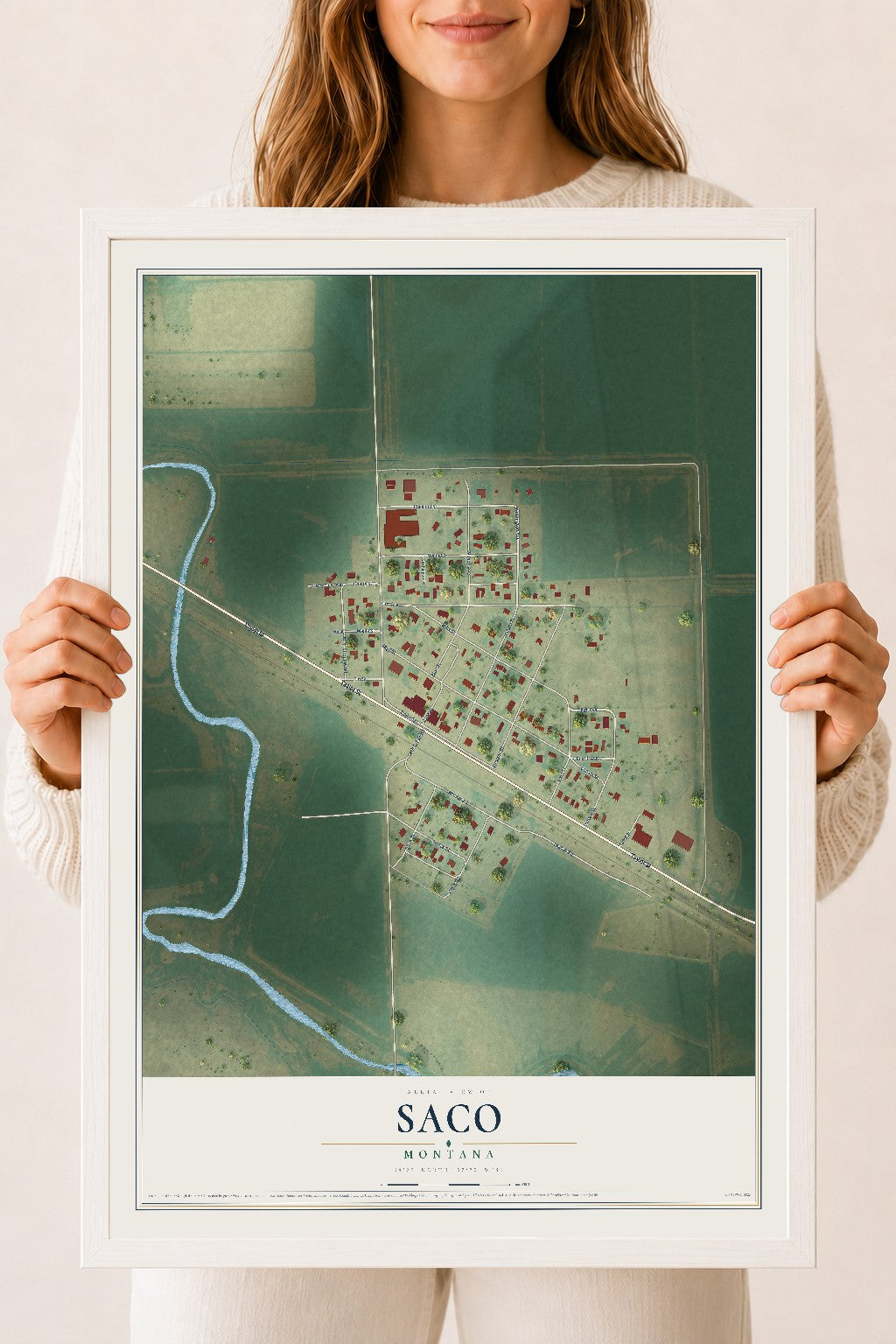 Map of Saco, Montana, 18 x 24 inch print in a white wood frame
