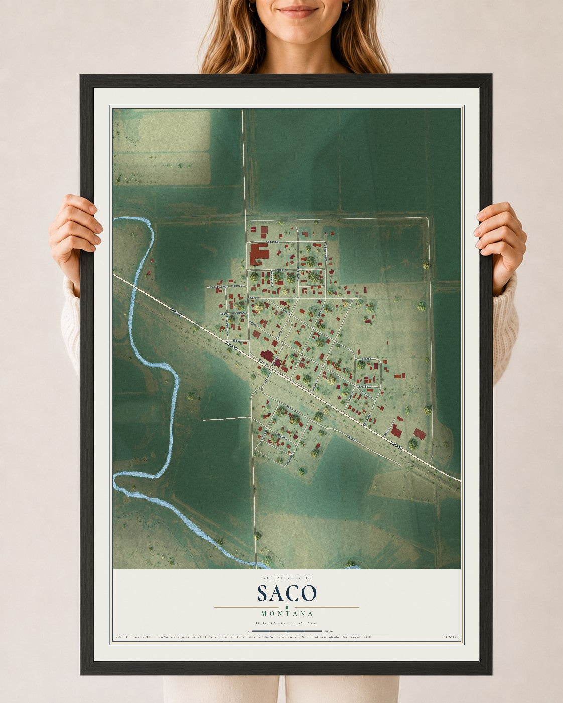 Map of Saco, Montana, 24 x 36 inch print in a black wood frame
