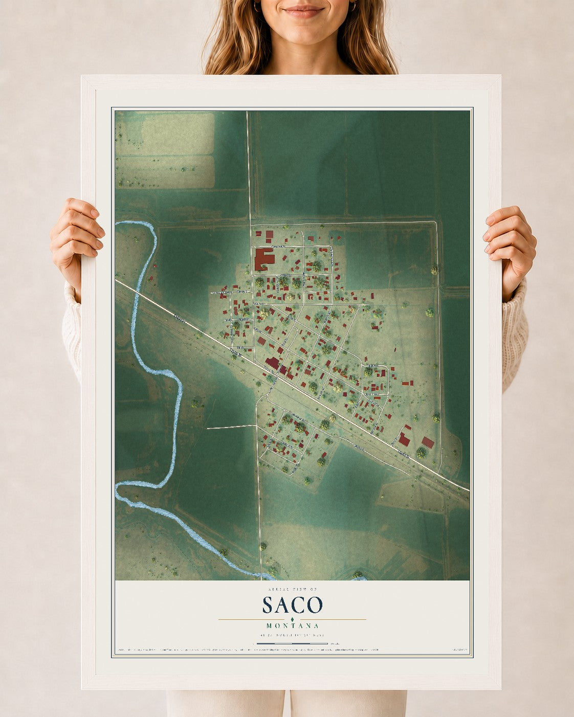 Map of Saco, Montana, 24 x 36 inch print in a white wood frame