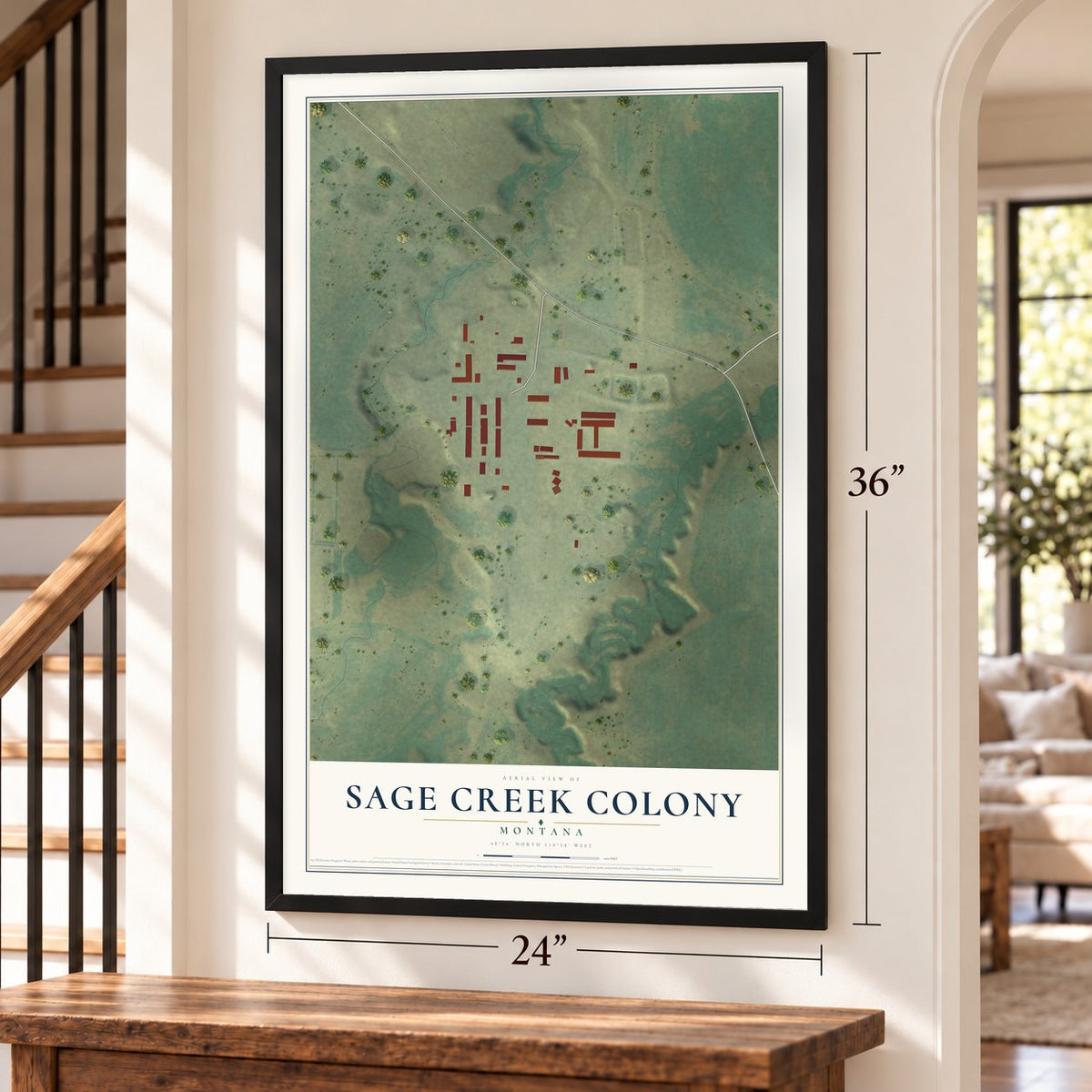 Sage Creek Colony, Montana map, 24 x 36 inch print in a black frame by a staircase