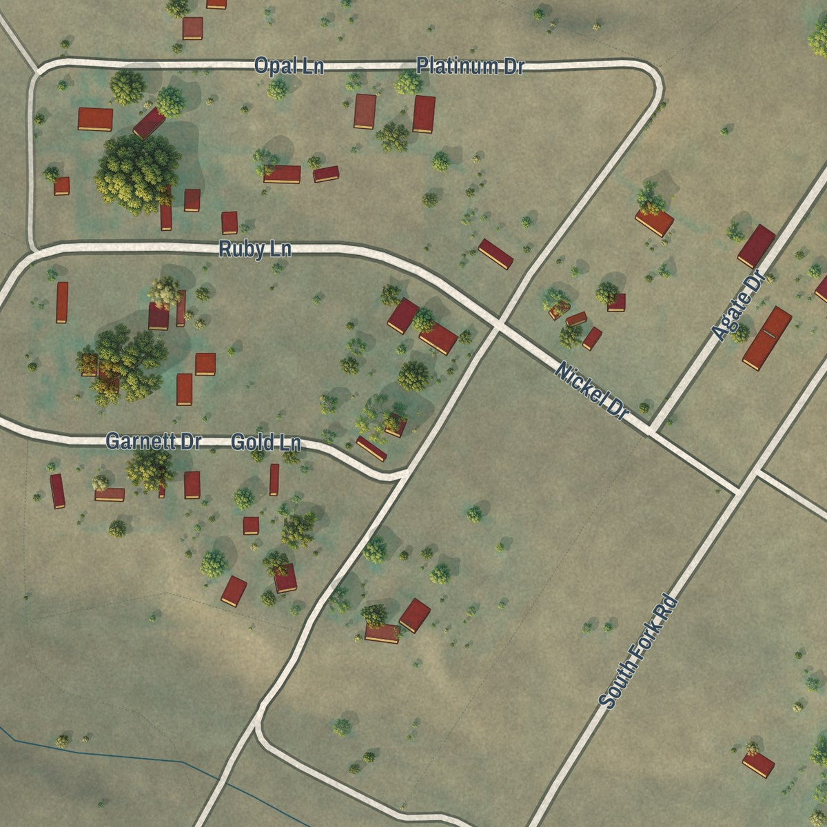 Close-up of the map of Sapphire Ridge, Montana print showing street and building detail