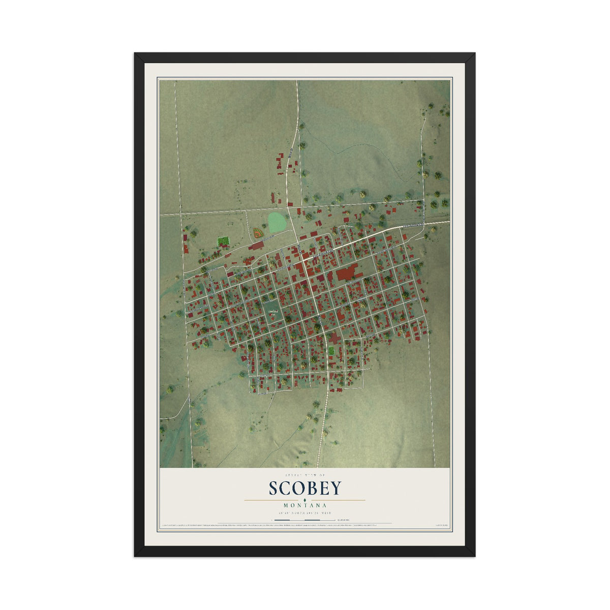 Map of Scobey, Montana, 12 x 18 inch print in a black wood frame