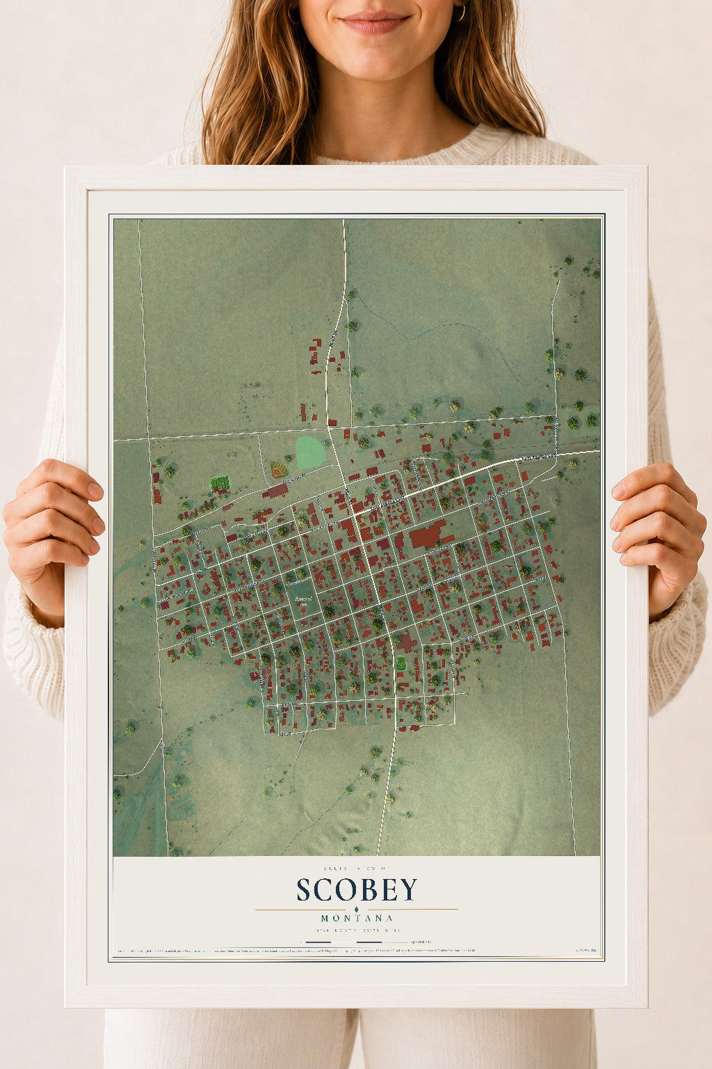 Map of Scobey, Montana, 18 x 24 inch print in a white wood frame