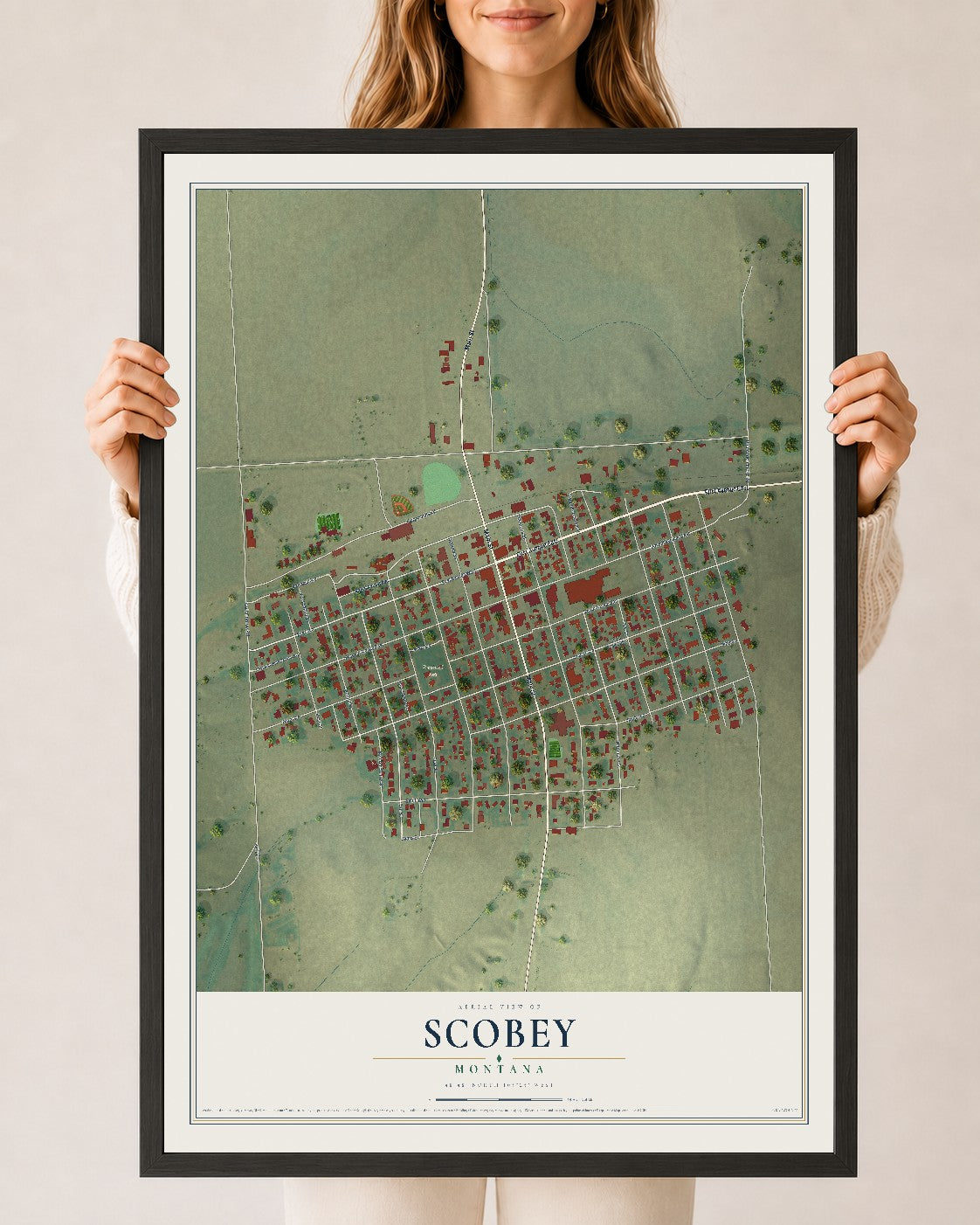 Map of Scobey, Montana, 24 x 36 inch print in a black wood frame