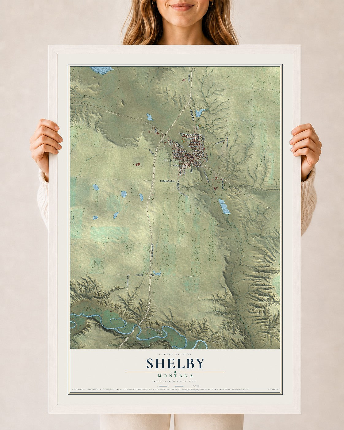 Map of Shelby, Montana, 24 x 36 inch print in a white wood frame