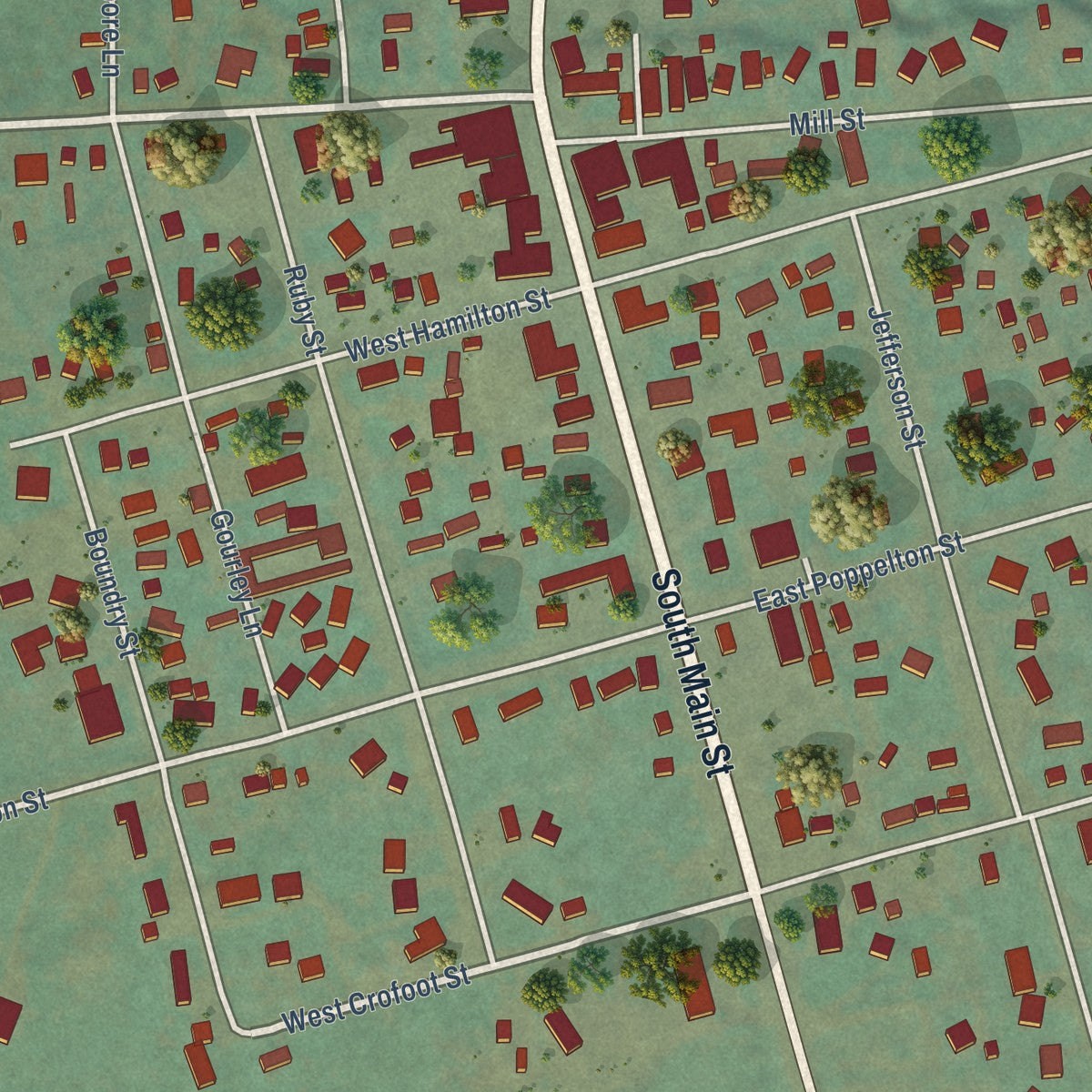 Close-up of the map of Sheridan, Montana print showing street and building detail