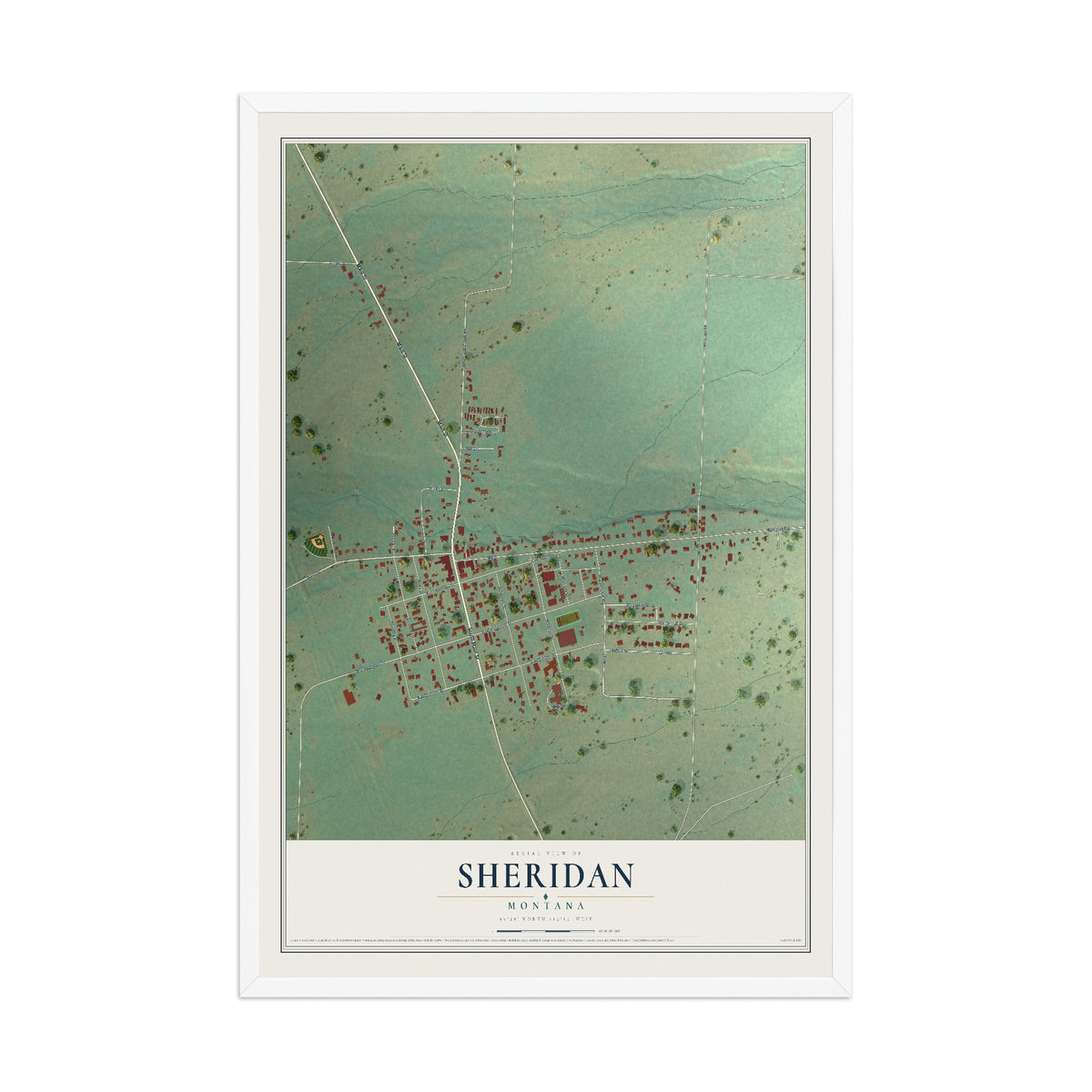 Map of Sheridan, Montana, 12 x 18 inch print in a white wood frame
