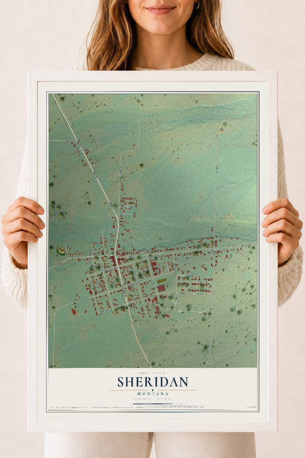 Map of Sheridan, Montana, 18 x 24 inch print in a white wood frame