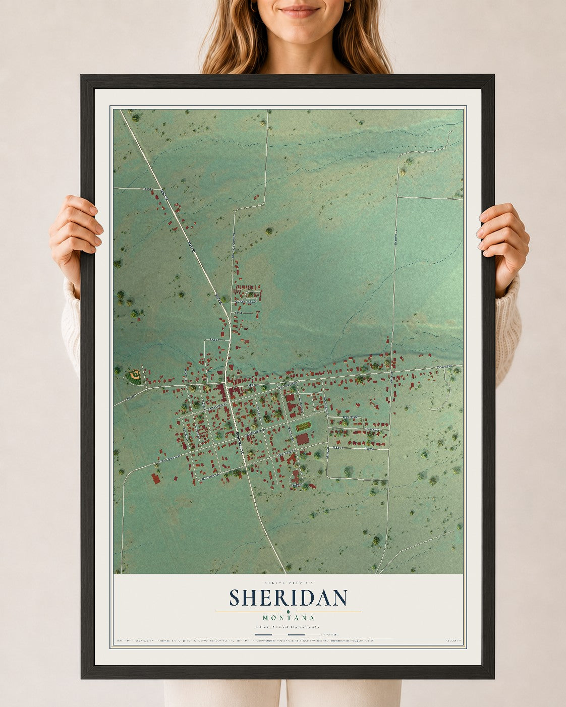 Map of Sheridan, Montana, 24 x 36 inch print in a black wood frame