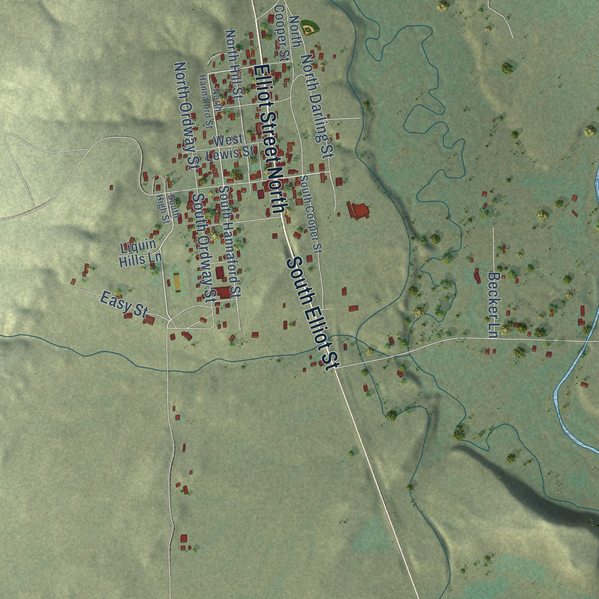 Close-up of the map of Shields, Montana print showing street and building detail
