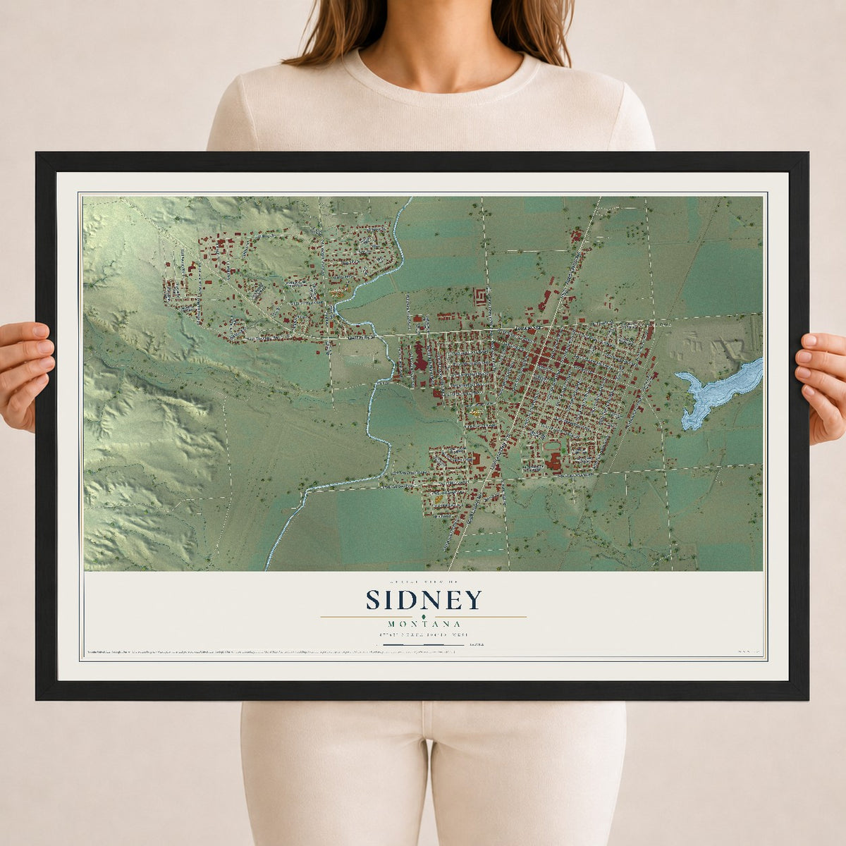 Map of Sidney, Montana, 18 x 24 inch print in a black wood frame