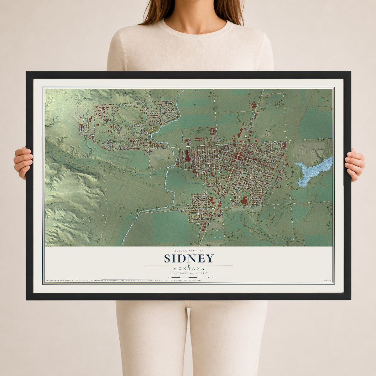 Map of Sidney, Montana, 24 x 36 inch print in a black wood frame