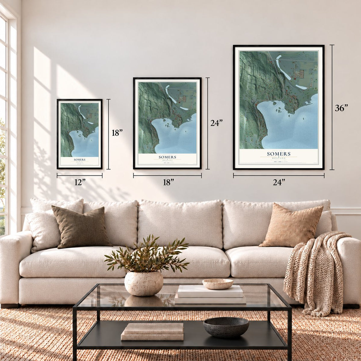 Somers, Montana map in 12 x 18, 18 x 24 and 24 x 36 inch sizes above a sofa