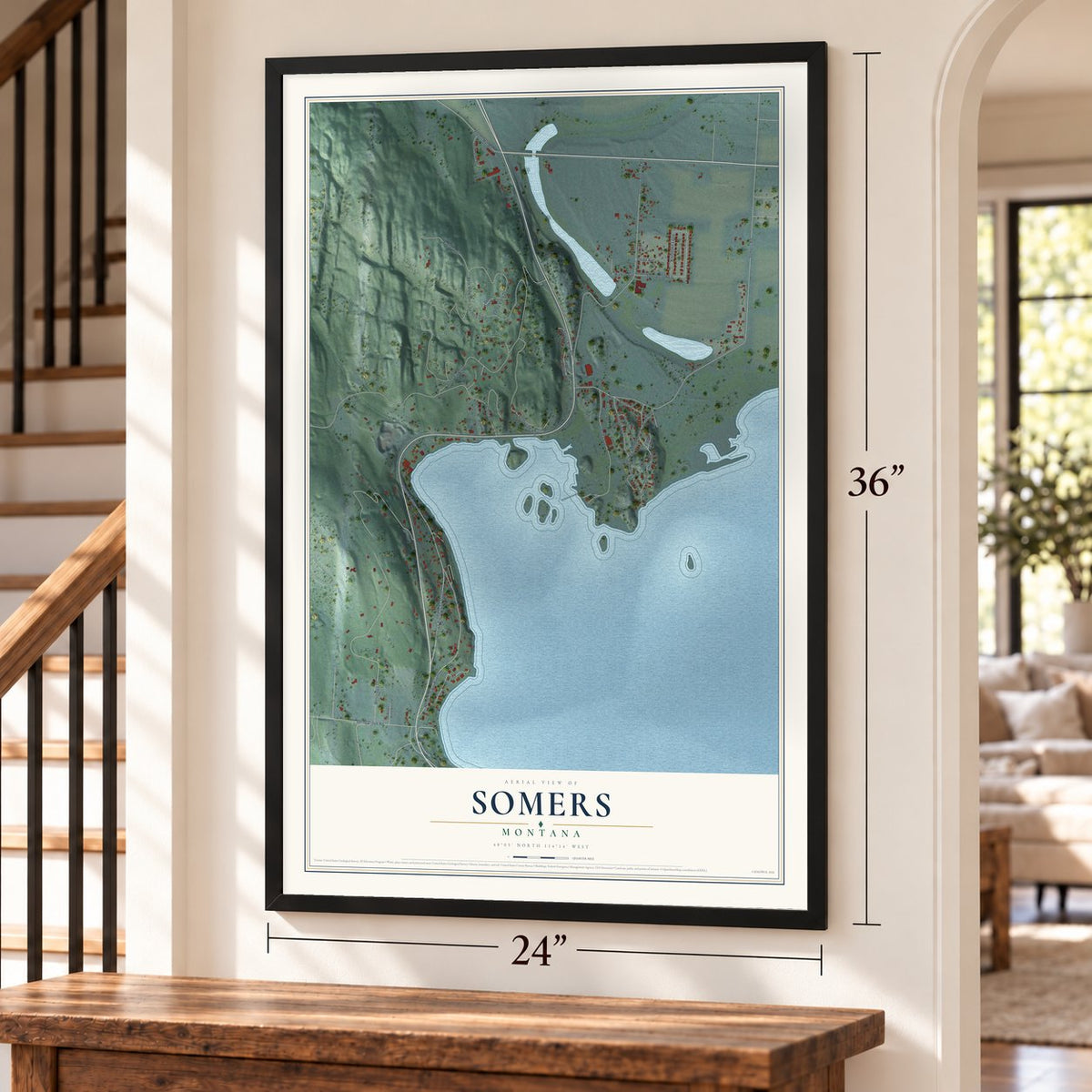 Somers, Montana map, 24 x 36 inch print in a black frame by a staircase