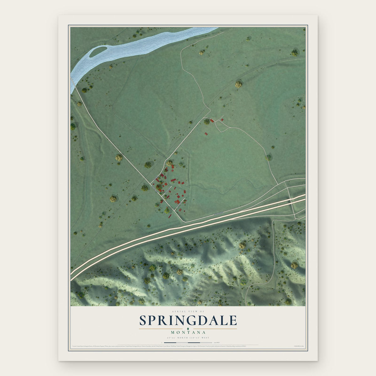 Springdale, Montana map print, the full design